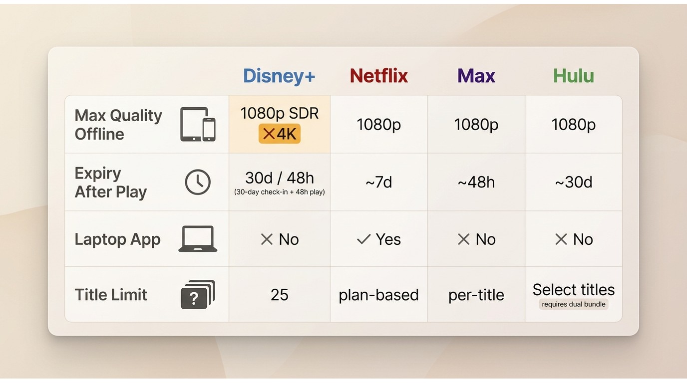 Comparison of Disney+, Netflix, Max, Hulu offline downloads: quality limits, expiry windows, laptop 