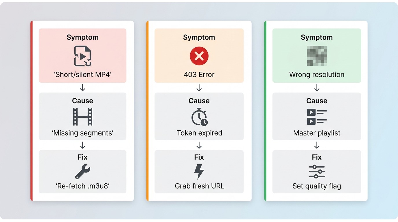Troubleshooting guide mapping short files, 403 errors, and wrong resolution to causes and fixes