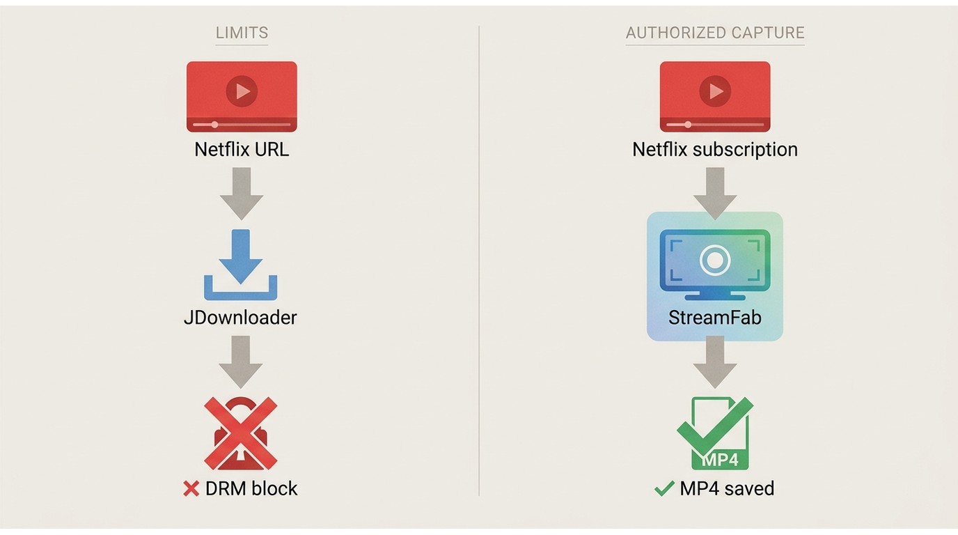 Why JDownloader cannot download Netflix streams (DRM block) vs an authorized streaming workflow that