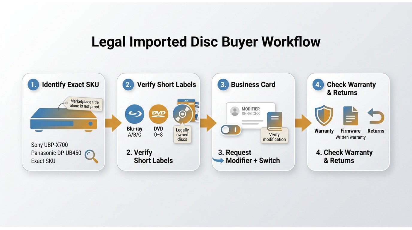 Steps to verify Sony and Panasonic region-free modifications, warranty, and A/B/C support