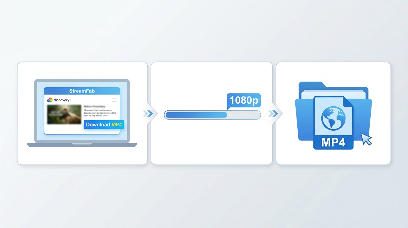StreamFab Discovery Plus Downloader workflow: open show in app, download at 1080p, save as MP4 file 