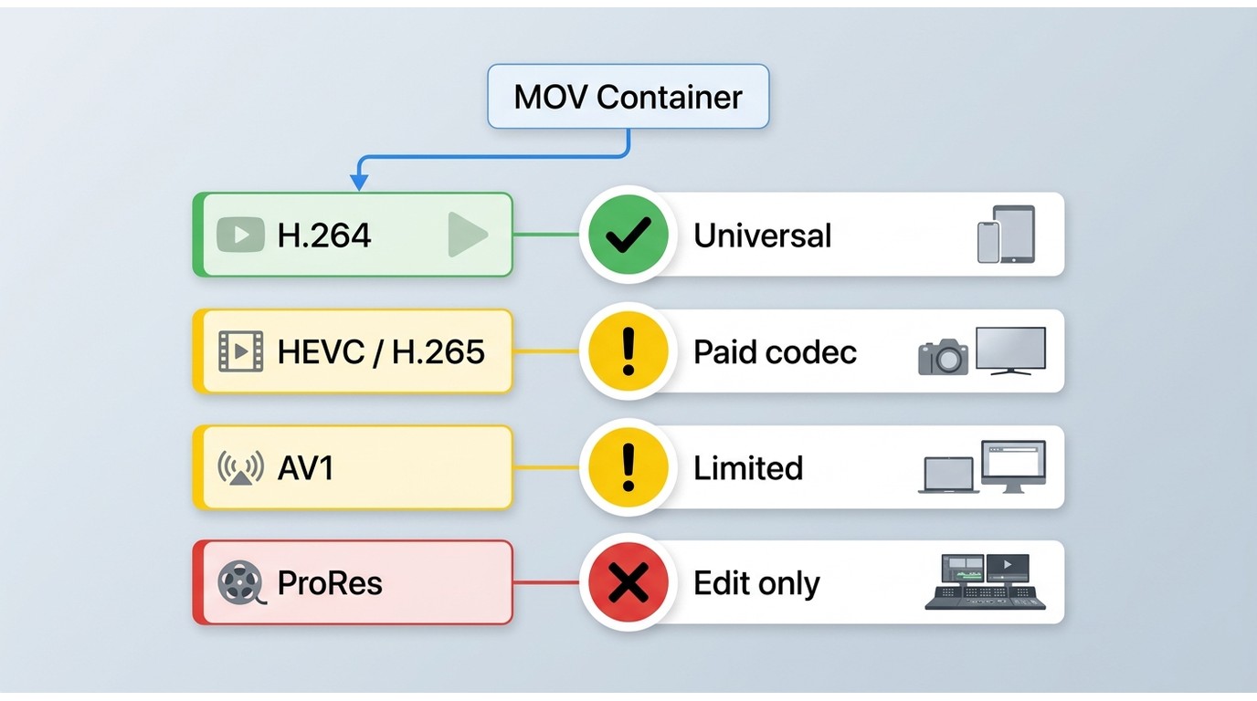 MOV container holding H.264, HEVC, AV1, and ProRes codecs, showing which ones cause Windows playback