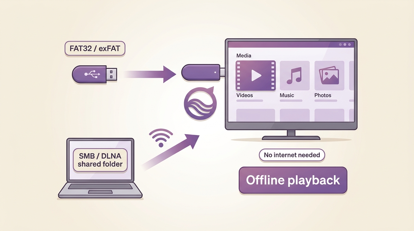 Two ways to play local files on Roku TV: USB drive plugged in directly, or laptop shared folder via