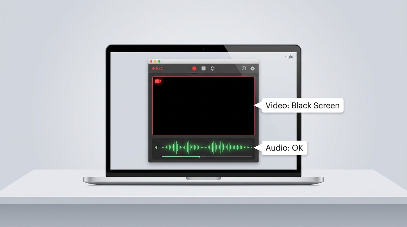 Screen recording of Hulu producing a black rectangle output due to DRM protection, audio waveform vi