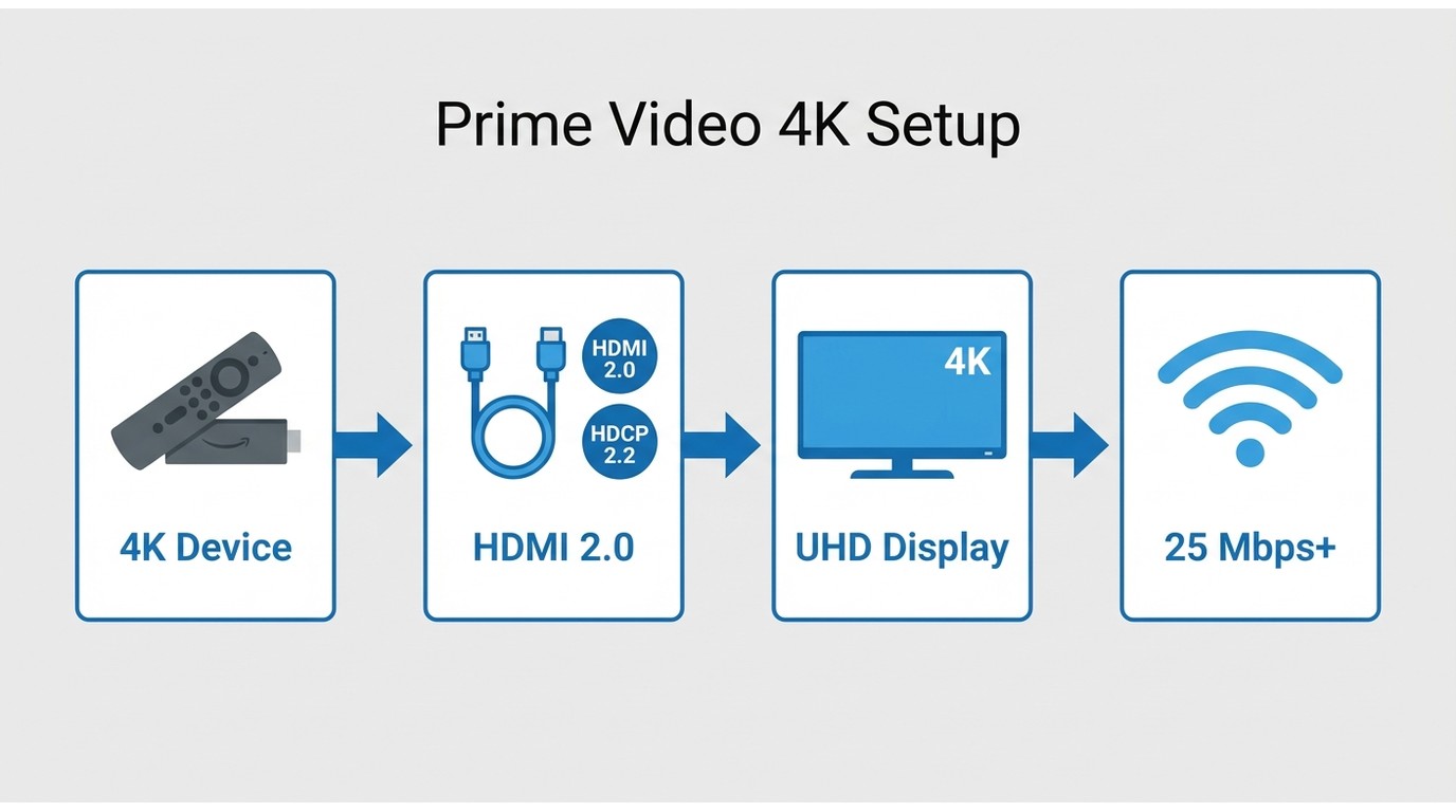 Required hardware chain for Amazon Prime 4K: 4K device, HDMI 2.0 with HDCP 2.2, UHD display, and 25
