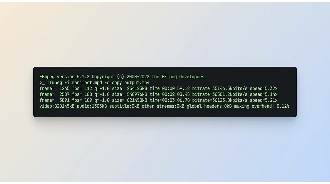 FFmpeg terminal command remuxing an MPD manifest to output.mp4 with progress output