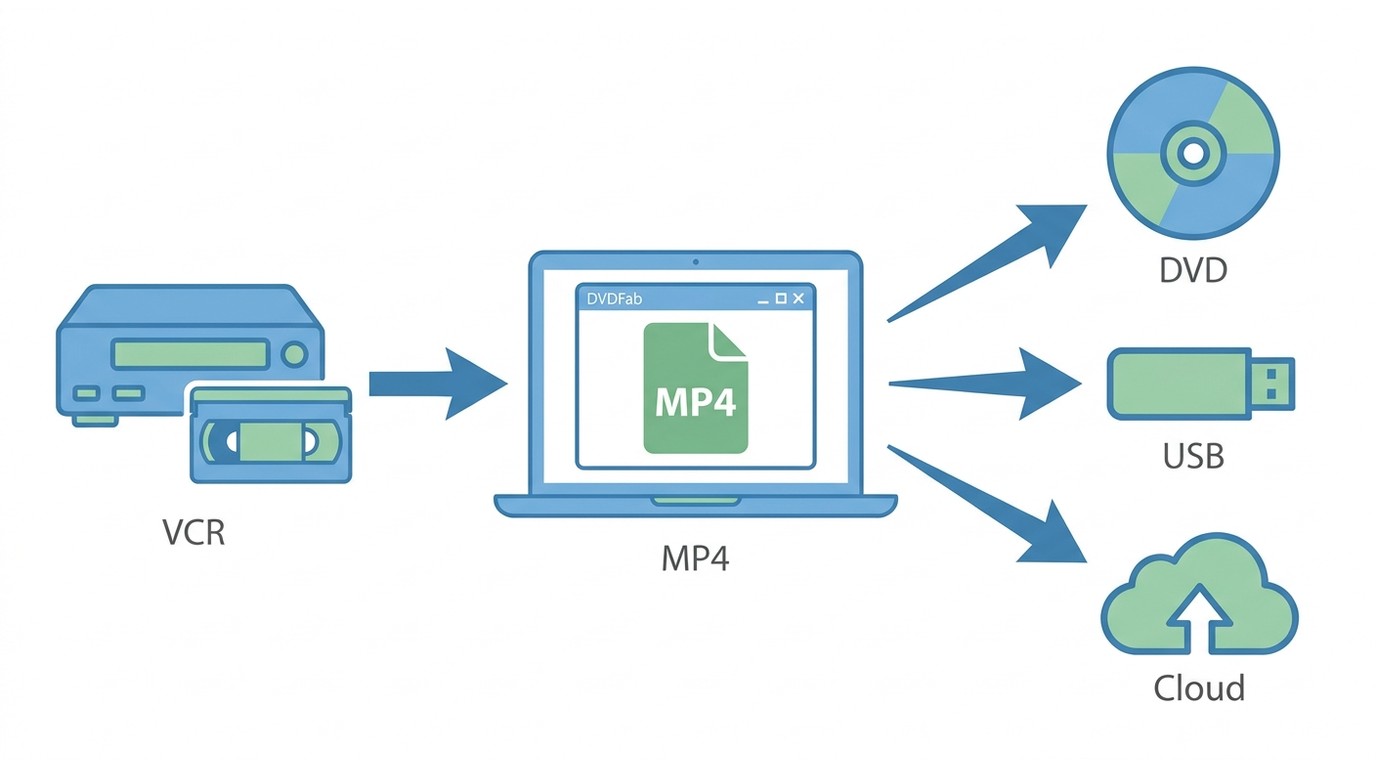 File-first workflow: VCR captures to MP4 master, then branches to DVD, USB, and cloud copies