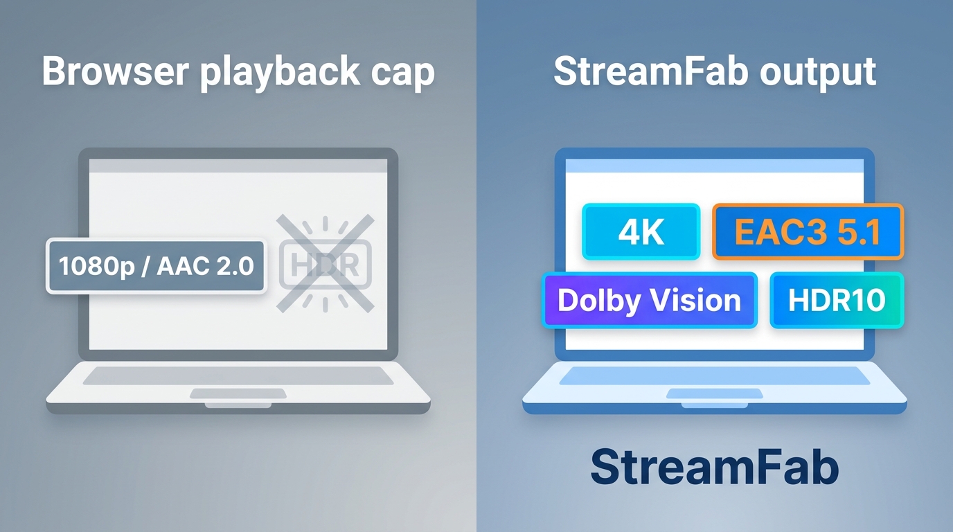 Browser playback capped at 1080p AAC vs StreamFab output at 4K Dolby Vision EAC3 5.1