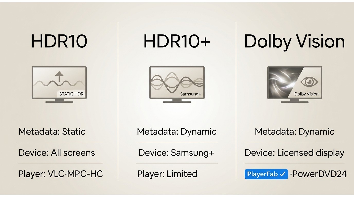 HDR10 vs HDR10+ vs Dolby Vision: metadata type, display requirements, and player support comparison
