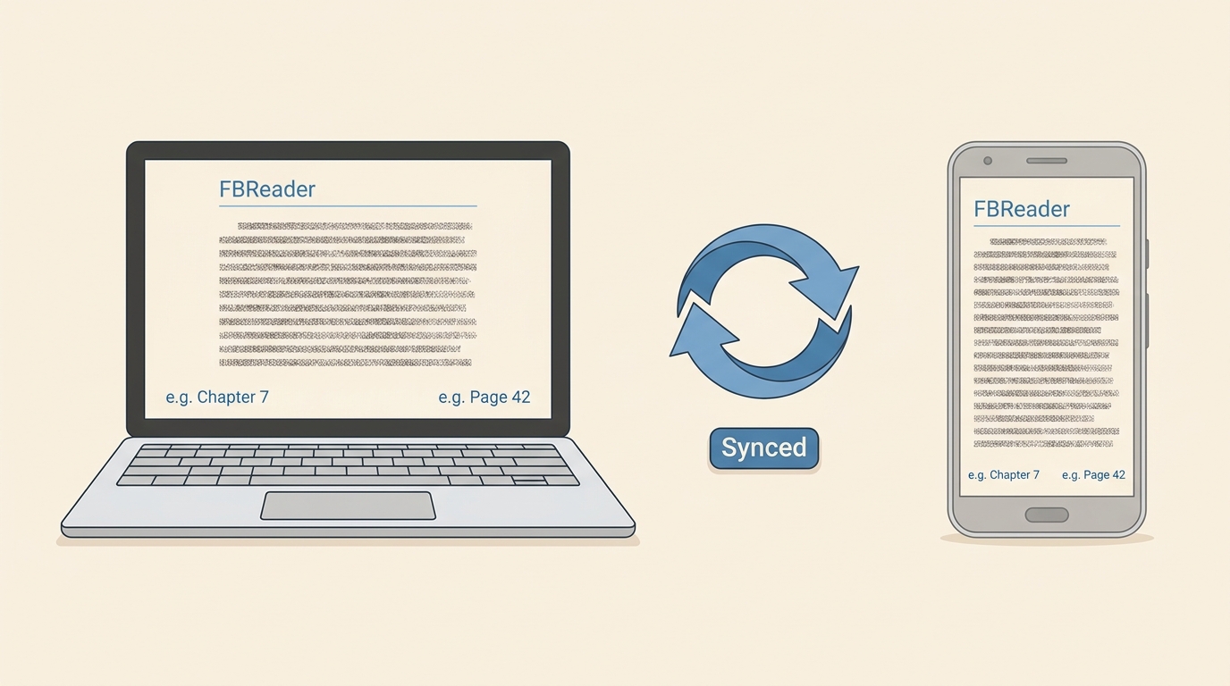 FBReader sync: Windows laptop and Android phone showing the same book page after cross-device sync