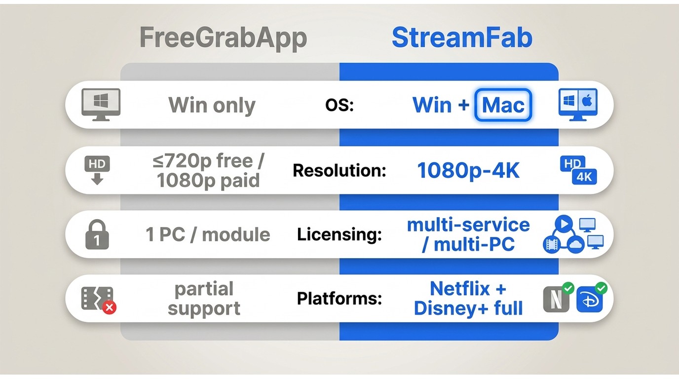 FreeGrabApp vs StreamFab: StreamFab adds macOS, full Netflix and Disney+ support, higher resolution,