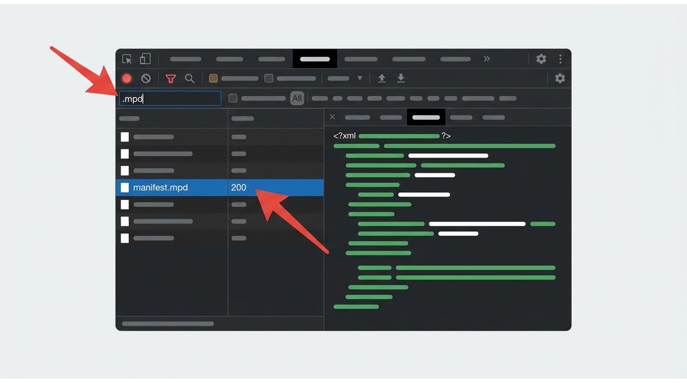 Chrome DevTools Network tab filtered by 'mpd' showing a highlighted manifest request with XML respon