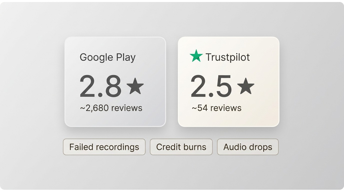 PlayOn Cloud user ratings: 2.8 stars on Google Play (2,680 reviews) and 2.5 stars on Trustpilot (54 