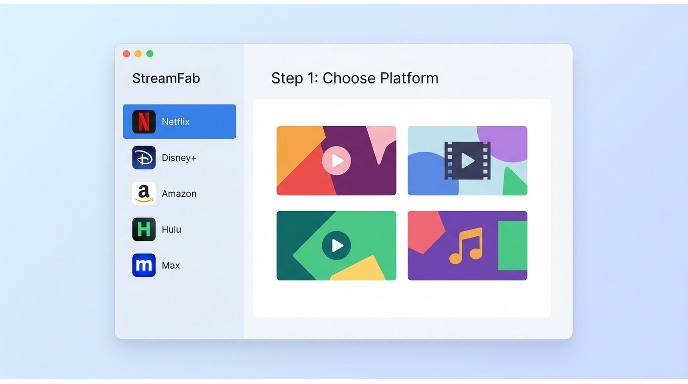 StreamFab VIP Services sidebar with Netflix, Disney+, Amazon, Hulu, and Max listed as selectable pla