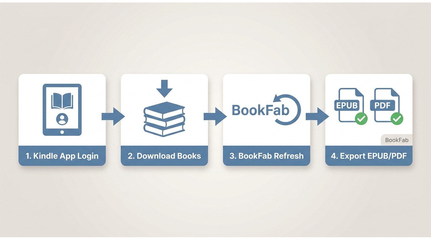 BookFab Auto Scan workflow: install Kindle app, download books locally, refresh BookFab queue, expor