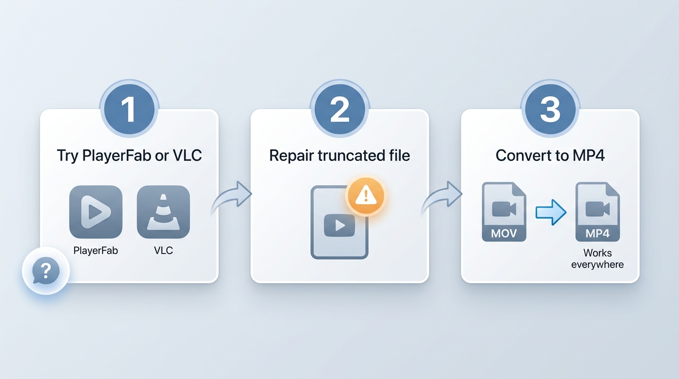 Flowchart for fixing a MOV that won't play: try PlayerFab or VLC, repair if truncated, then convert
