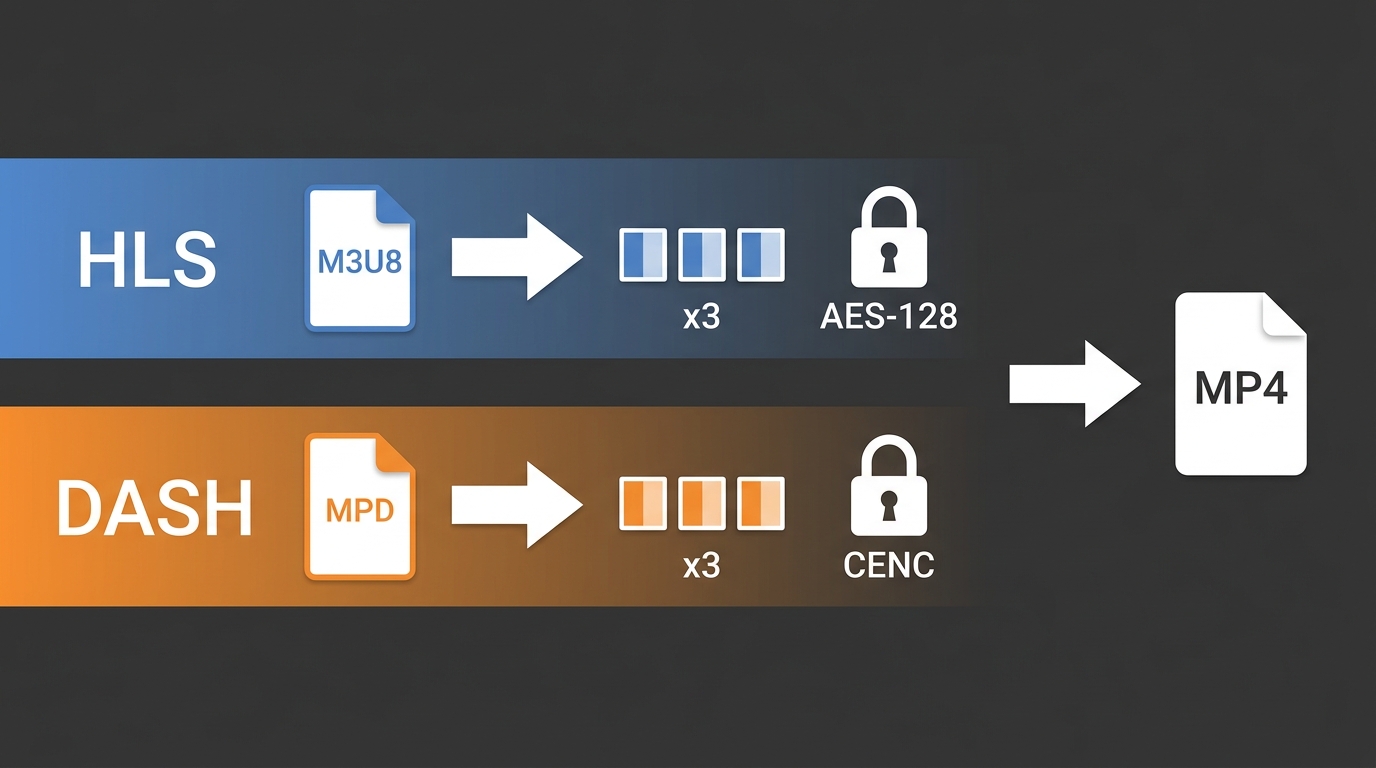 HLS M3U8 vs DASH MPD architecture: manifest file pointing to encrypted fMP4 segments, output to MP4