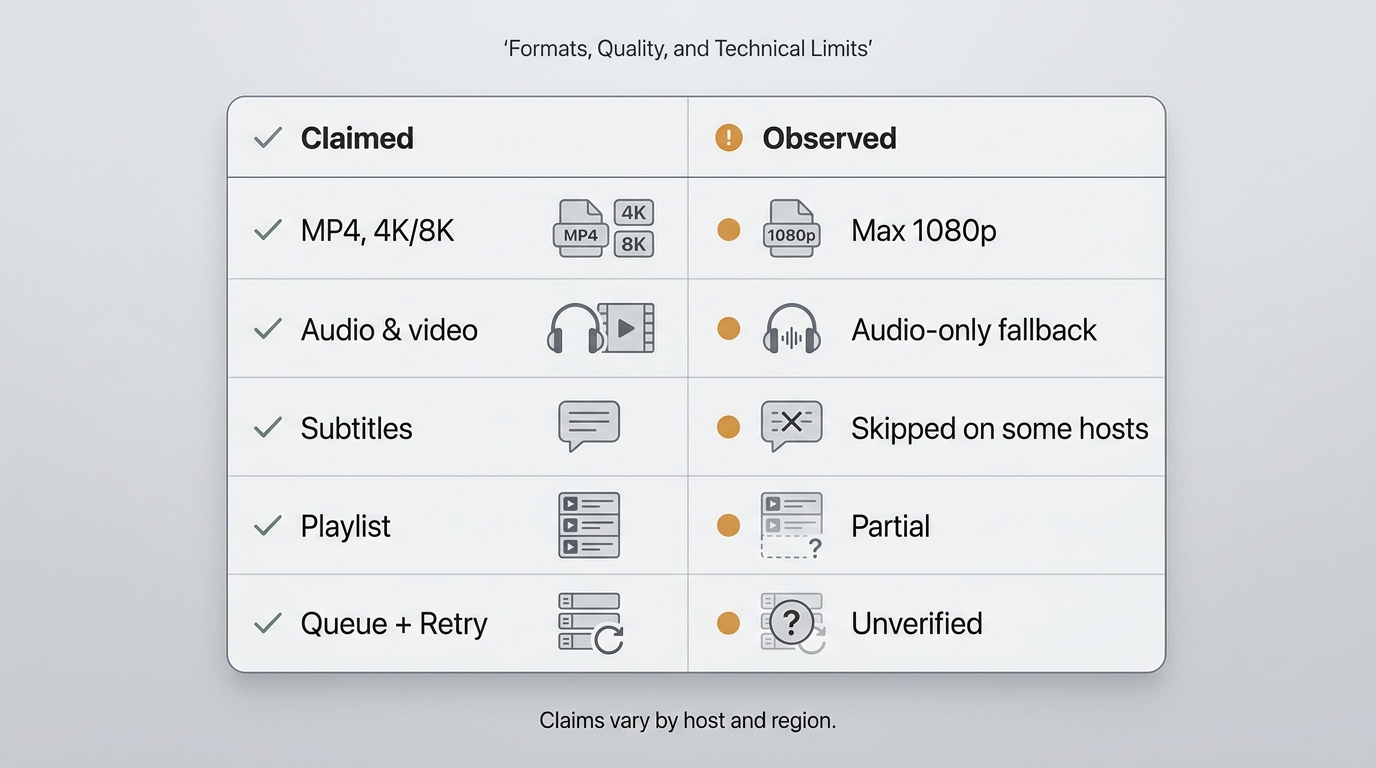 9xbuddy claimed features vs observed results: 4K rarely achieved, subtitles inconsistent, playlists