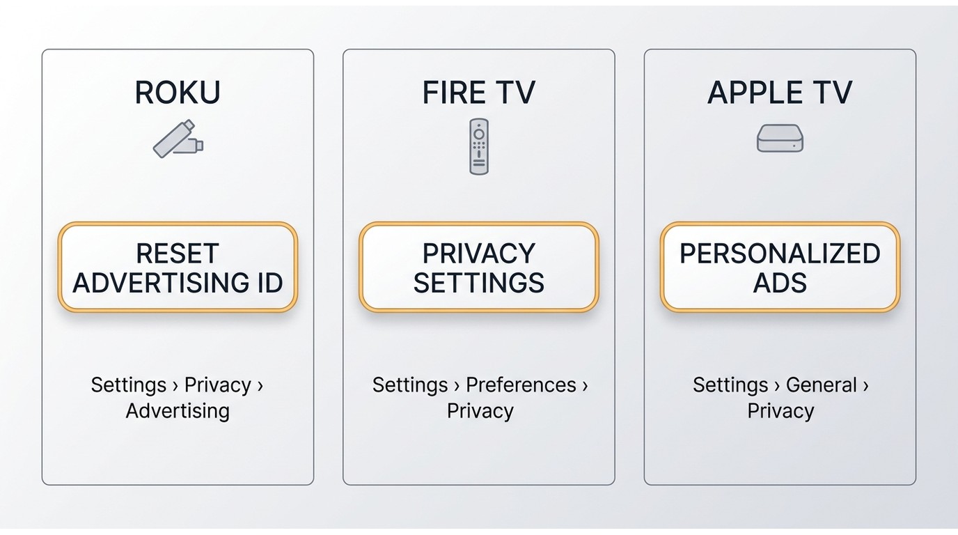Settings screens on Roku, Fire TV, and Apple TV showing how to reset the advertising ID to reduce ad