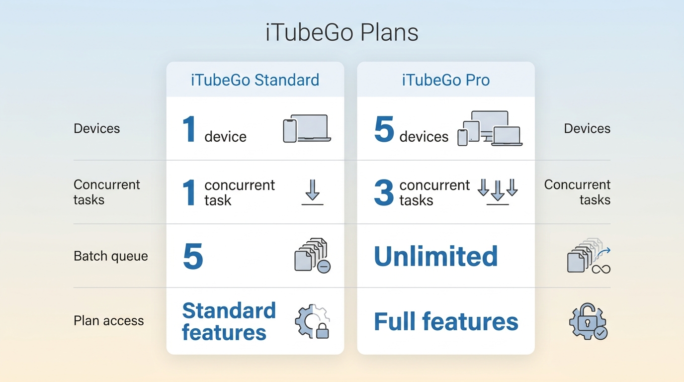 iTubeGo Standard vs Pro plan comparison: device limits, task caps, and batch queue differences