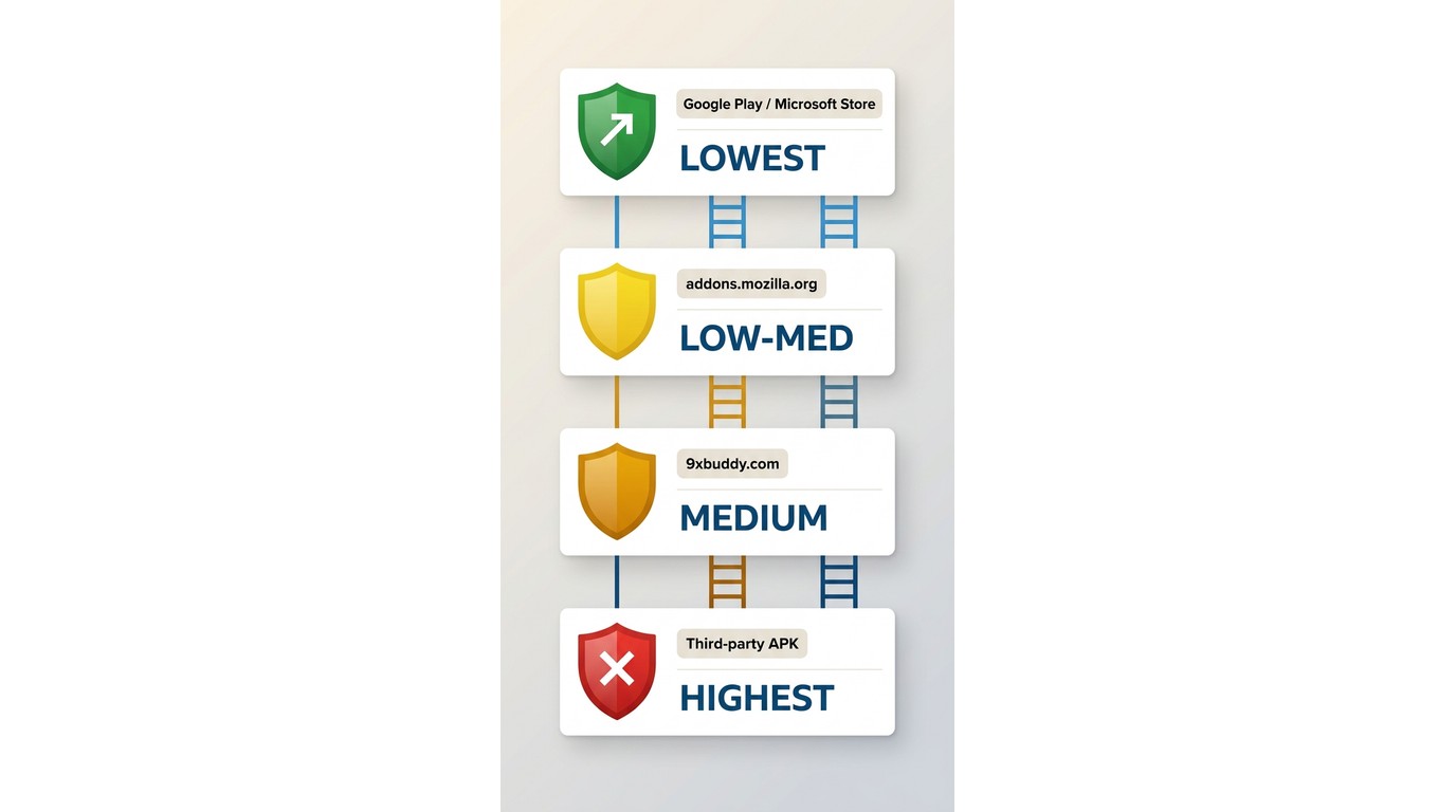 9xbuddy access methods ranked by safety: store apps safest, third-party APK highest risk