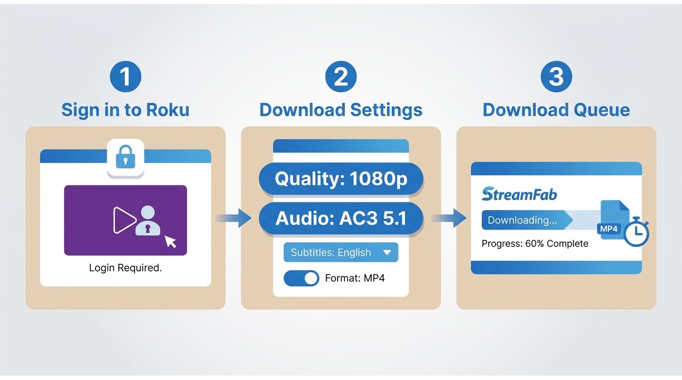 StreamFab three-step process: sign in to Roku Channel, choose 1080p MP4 settings, then monitor downl