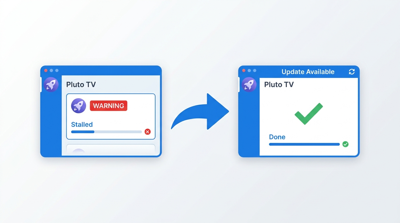 StreamFab showing a stalled Pluto TV download with a warning badge, alongside the refresh and update