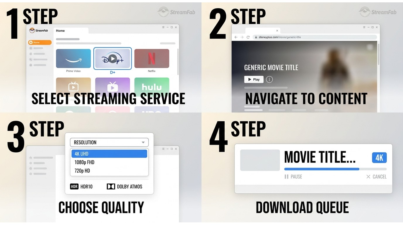 StreamFab 4K Disney Plus download steps: open Disney+, browse movie, select 4K HDR, queue and downlo