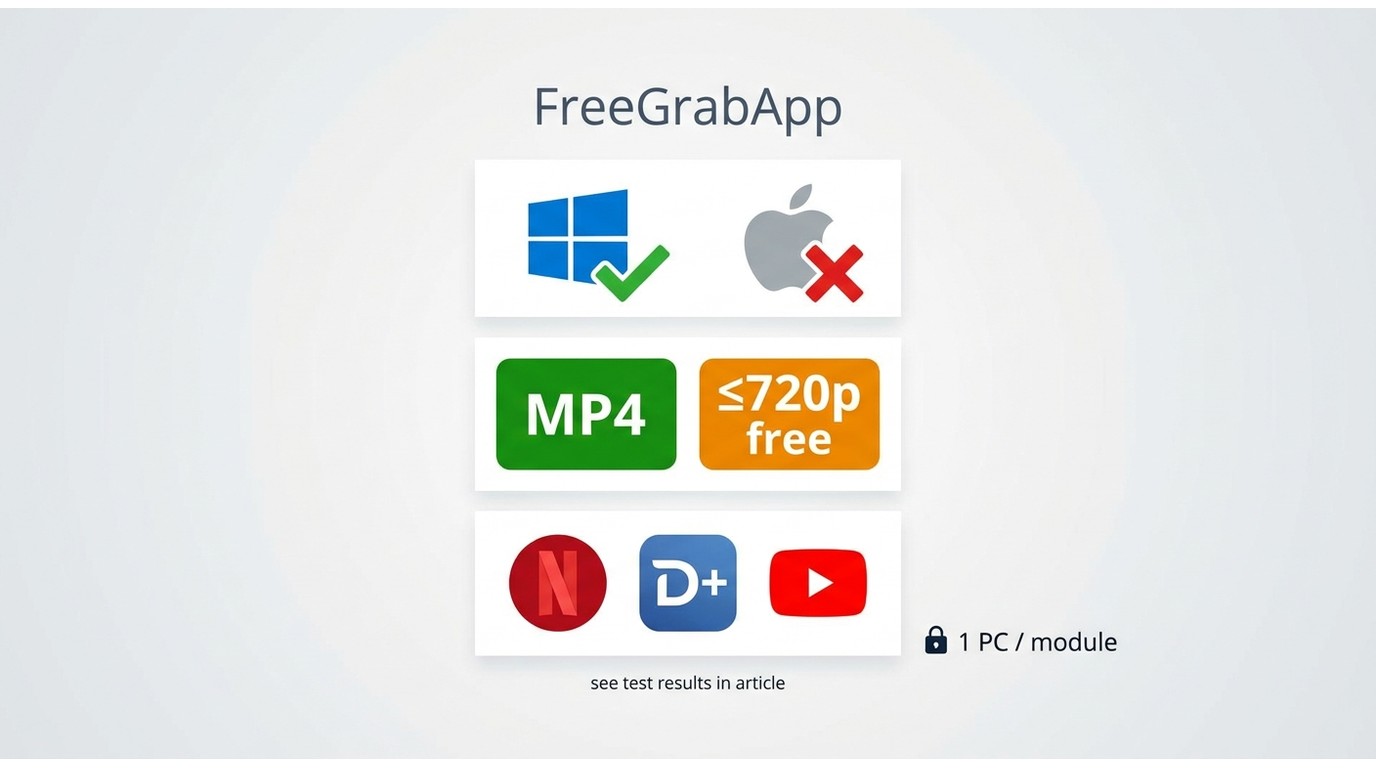 FreeGrabApp specs: Windows-only, MP4 output, free tier capped at 720p, one-PC license per service mo
