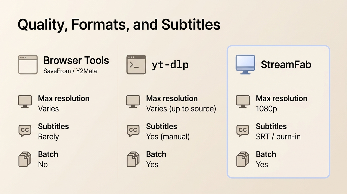 StreamFab vs yt-dlp vs browser tools: max resolution, subtitle support, and batch download capabilit