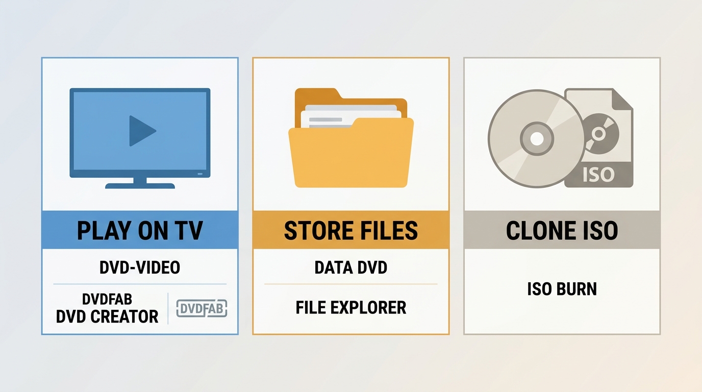 Decision flowchart: play on TV leads to DVD-Video with DVDFab, store files leads to Data DVD, clone