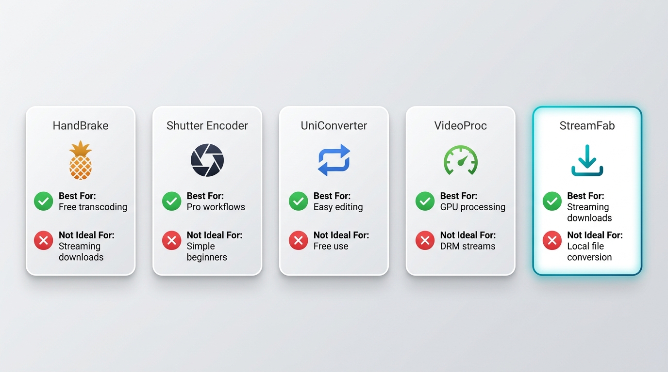 Comparison of MiniTool alternatives: HandBrake, Shutter Encoder, UniConverter, VideoProc, StreamFab 