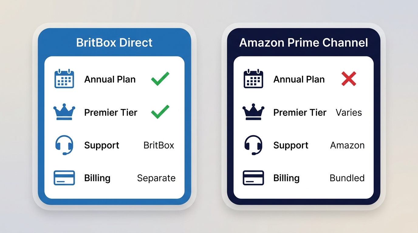 BritBox Direct vs Amazon Prime Channel comparison: annual plan, Premier tier, billing, and support d
