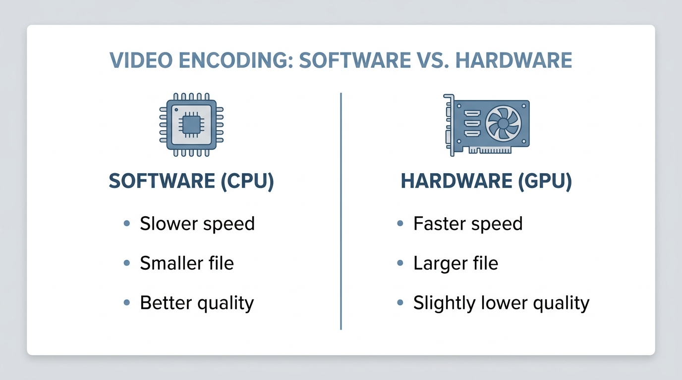 MiniTool CPU vs GPU encoding comparison: software encoding gives smaller files, hardware encoding gi