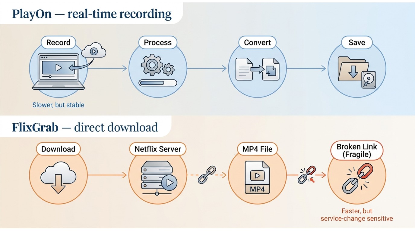 PlayOn real-time recording vs FlixGrab direct download: reliability and speed trade-off comparison