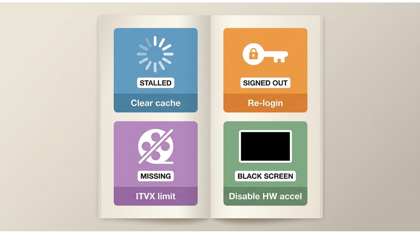Troubleshooting flowchart for ITVX download issues: stalled analysis, sign-out, missing episodes, an