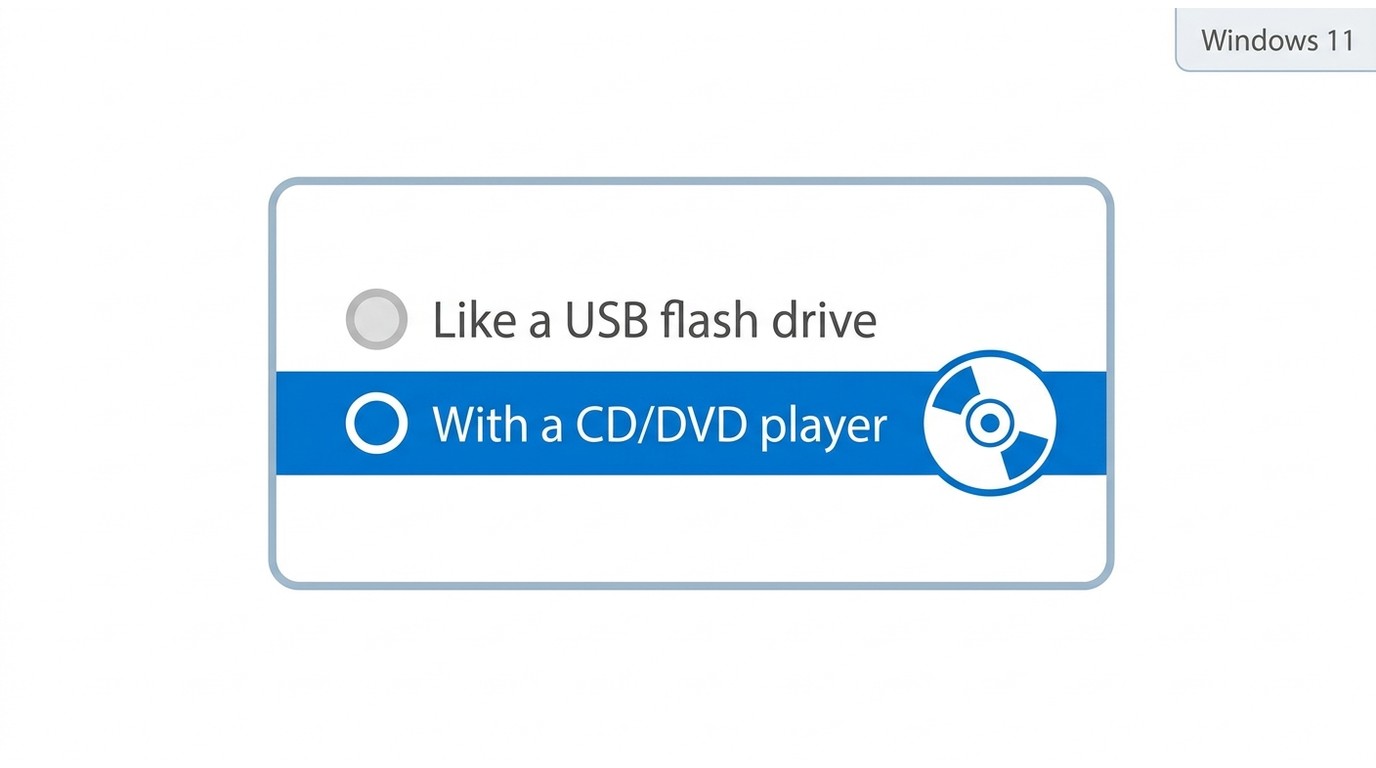 Windows 11 Burn a Disc dialog with 'With a CD/DVD player' option selected for maximum compatibility