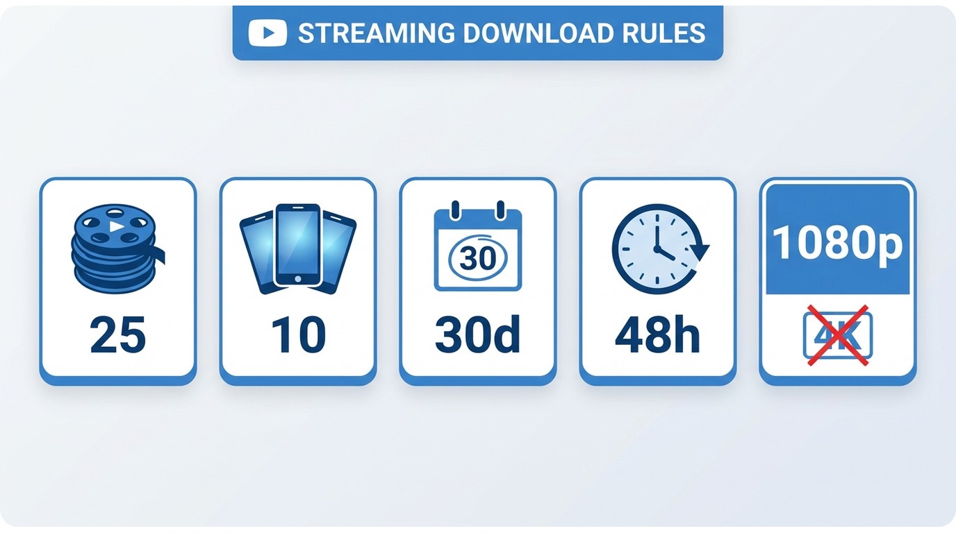 Disney+ download limits: 25 titles, 10 devices, 30-day expiry, 48-hour playback window, max 1080p SD