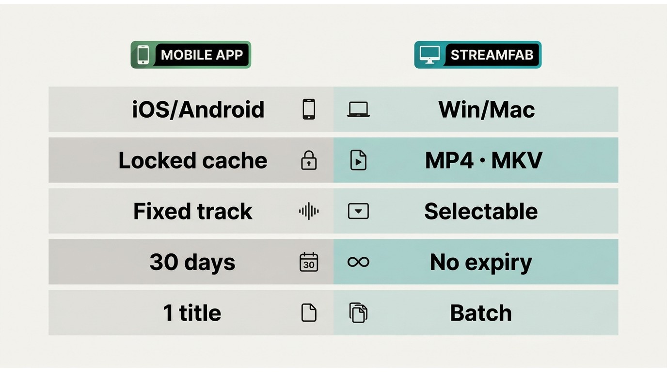 Comparison of Acorn TV app vs StreamFab desktop: devices, file type, subtitle control, expiry, and b