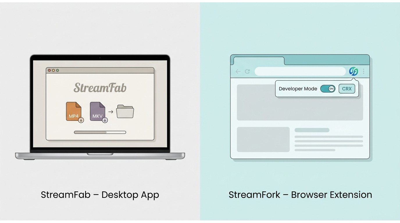 StreamFab standalone desktop app vs StreamFork sideloaded Chrome extension architecture comparison