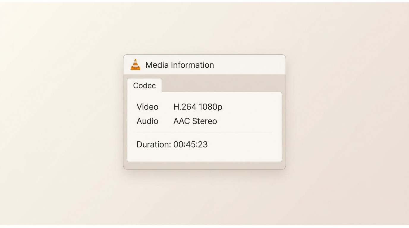 VLC Media Information panel showing video and audio tracks confirmed in a downloaded MP4