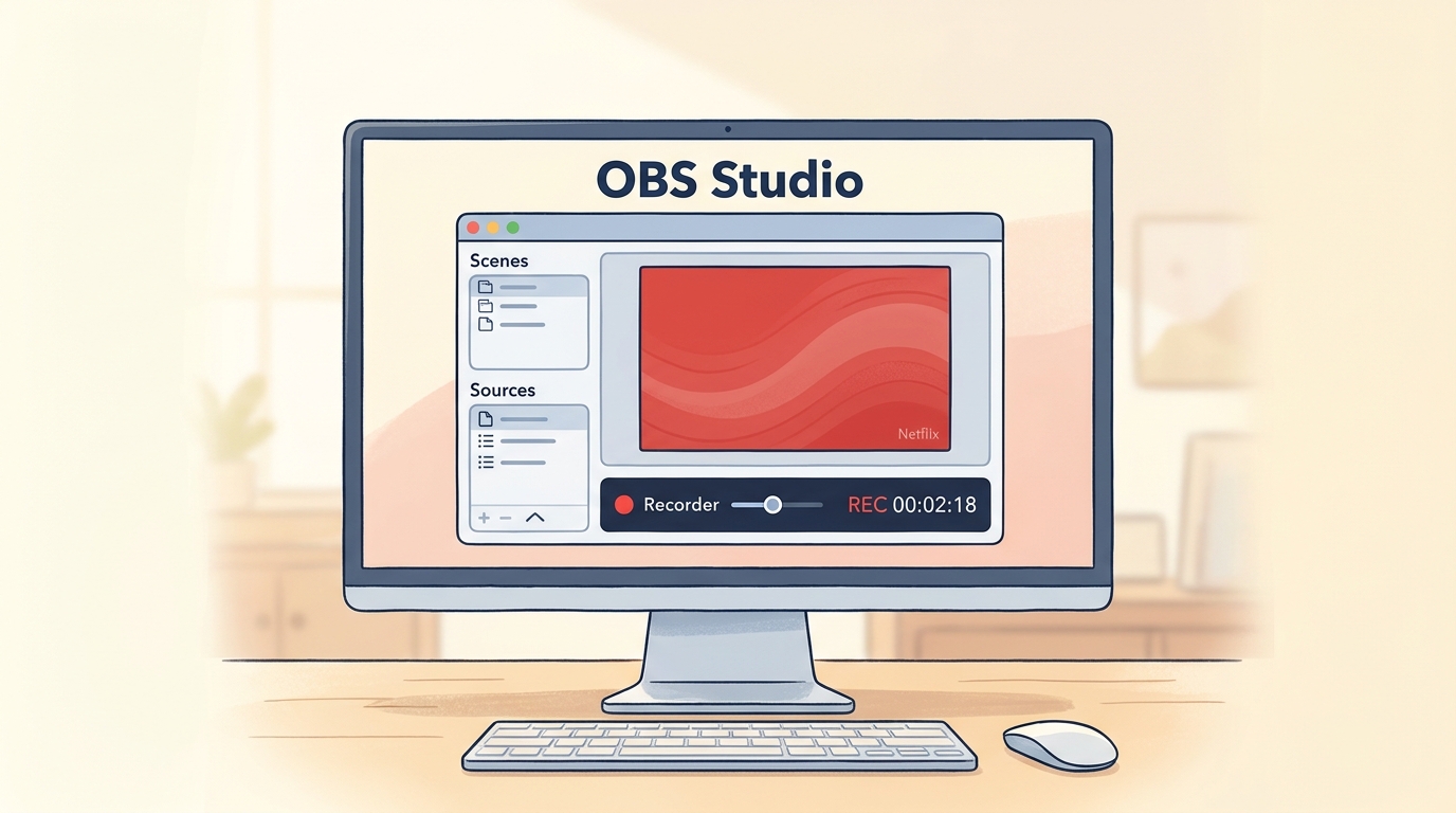 OBS Studio recording a Netflix stream, with Start Recording button highlighted and live timer visibl