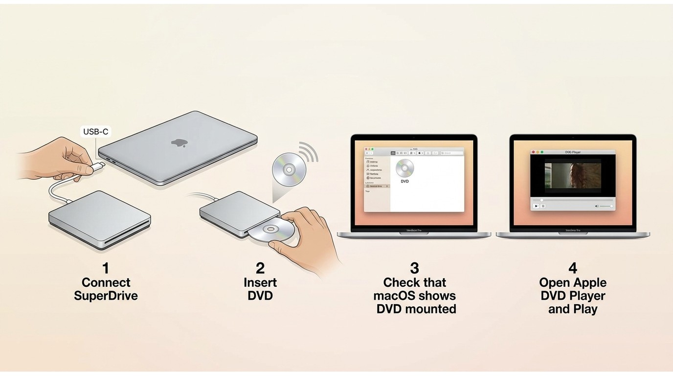 MacBook Pro recognizes an Apple USB SuperDrive before opening a DVD in Apple DVD Player