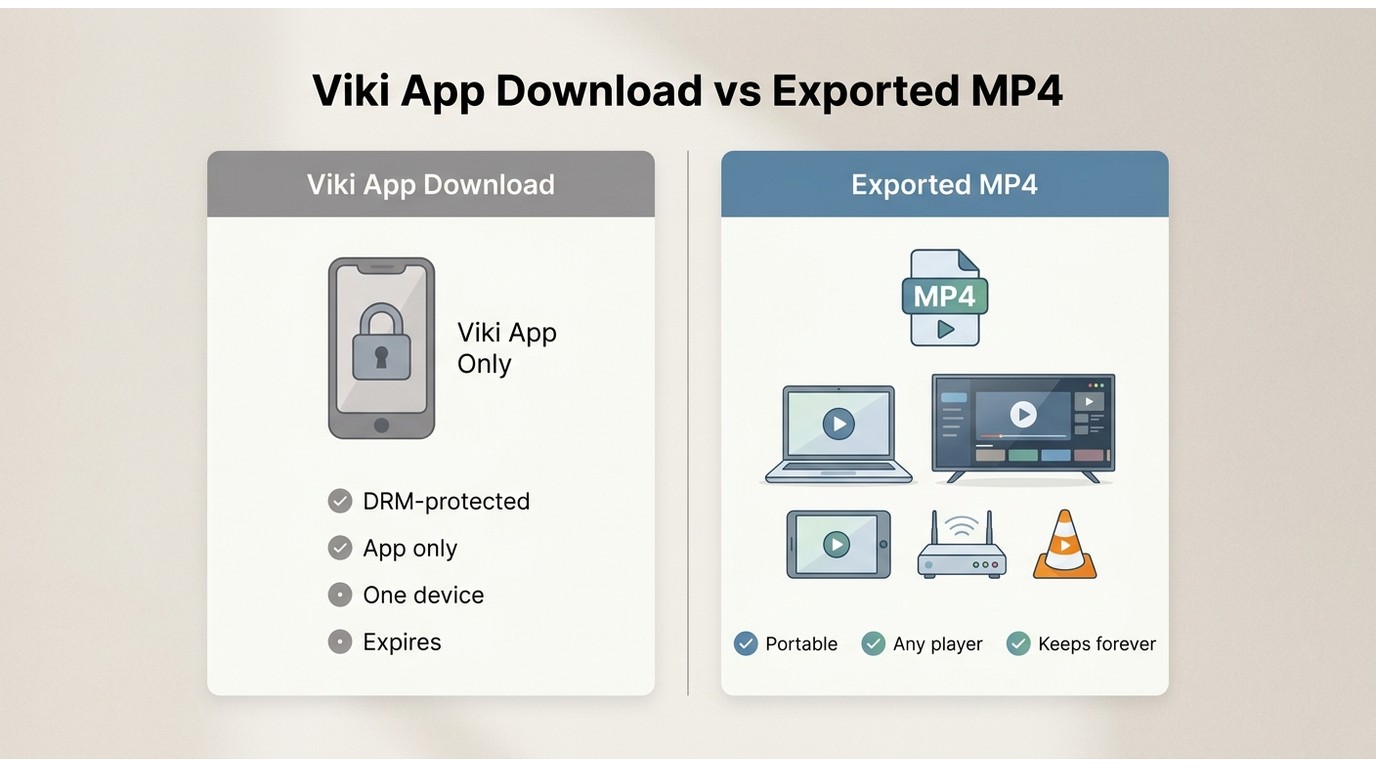 Viki app download vs exported MP4: app-locked DRM on one device vs portable file playable on TV, Ple