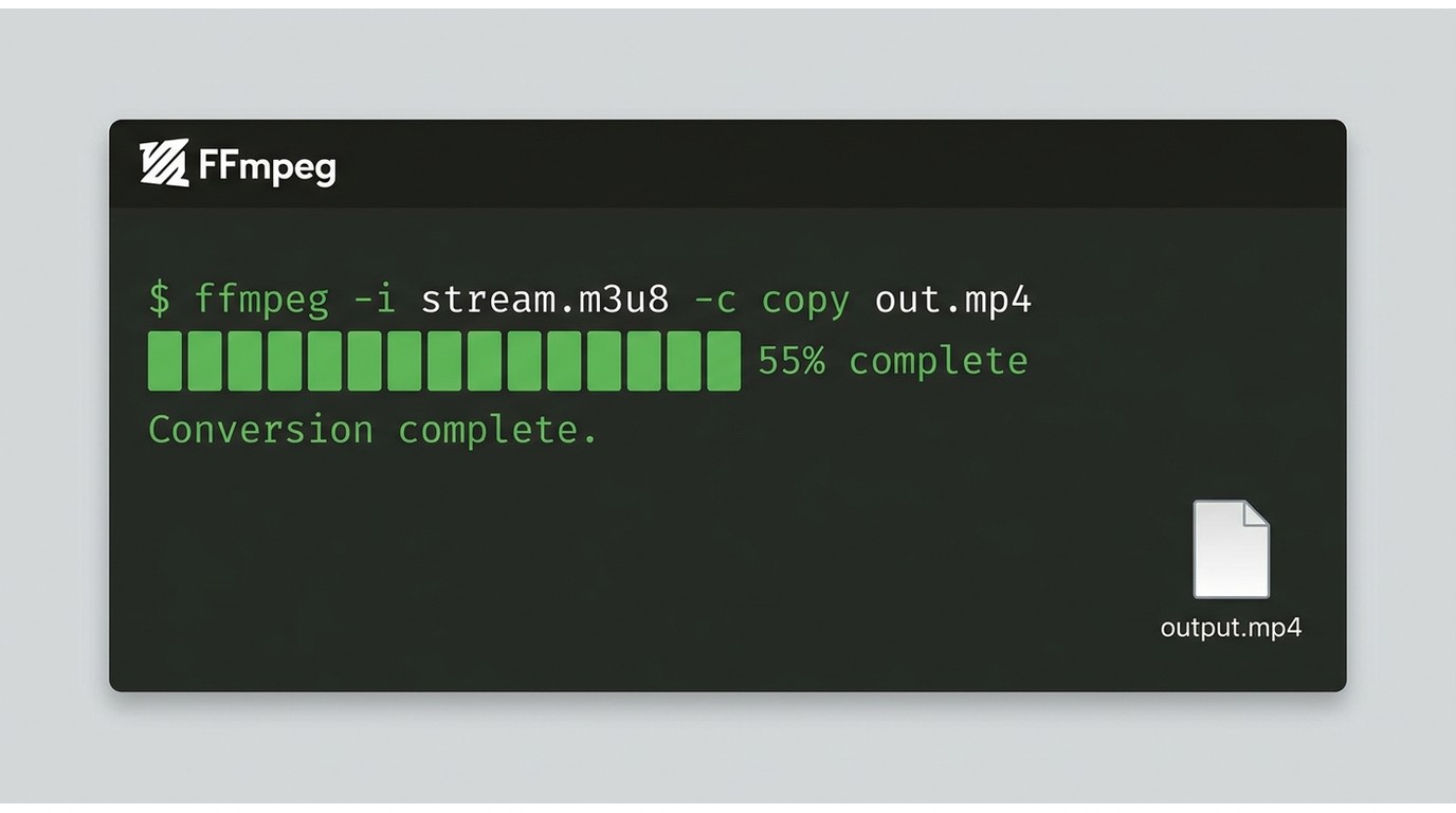 FFmpeg terminal command converting M3U8 URL to MP4 with -c copy, showing progress output