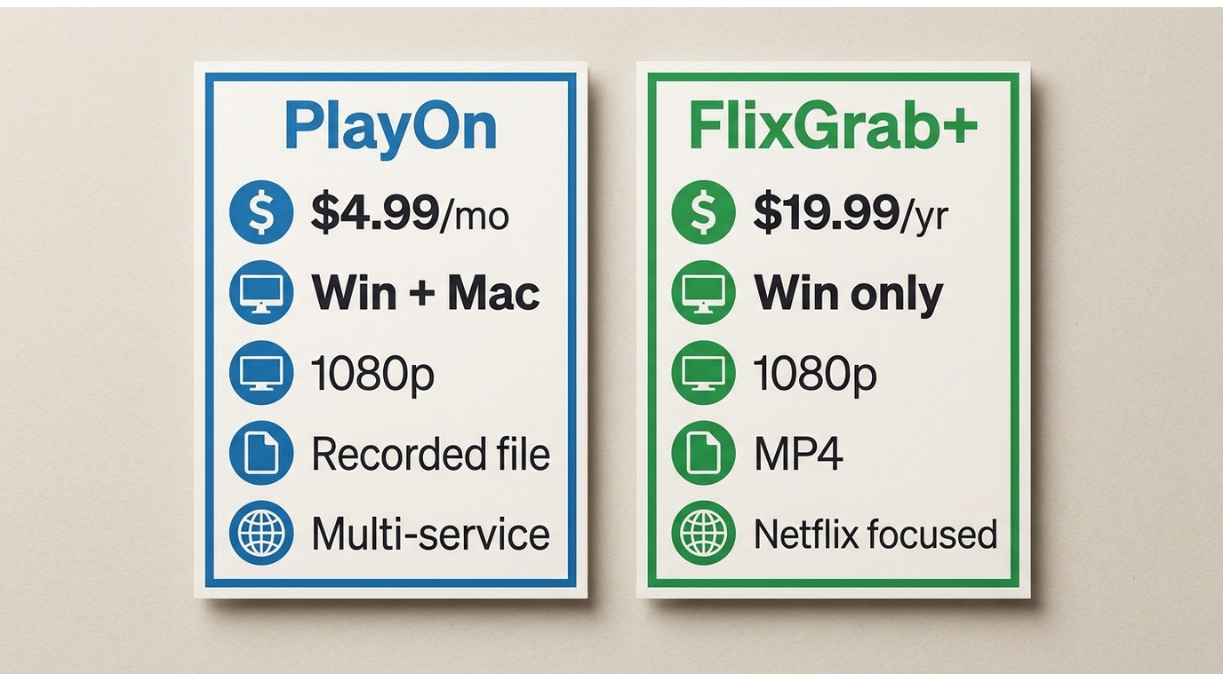 PlayOn vs FlixGrab+ spec comparison: price, OS support, resolution, output format, and service cover