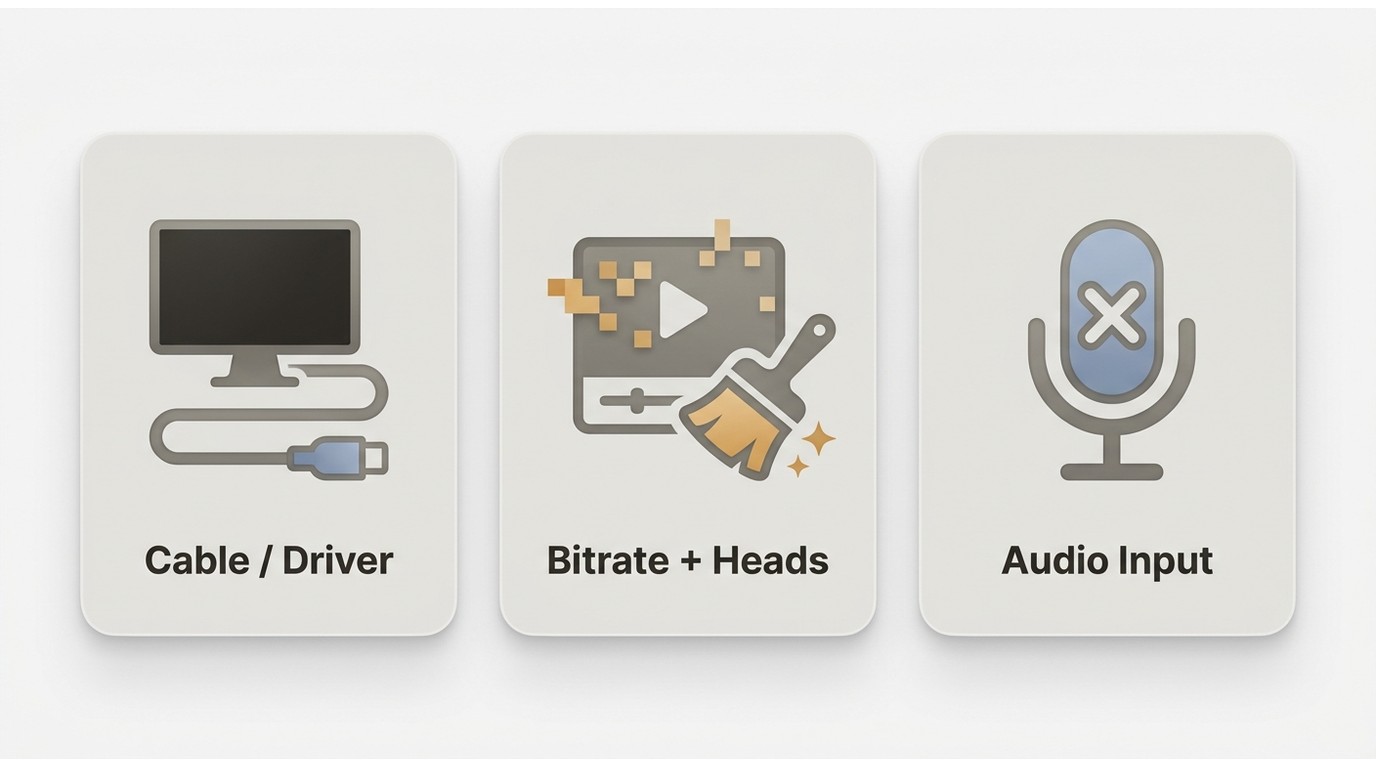 VHS capture troubleshooting: blank screen points to driver or cable, pixelation to bitrate, missing