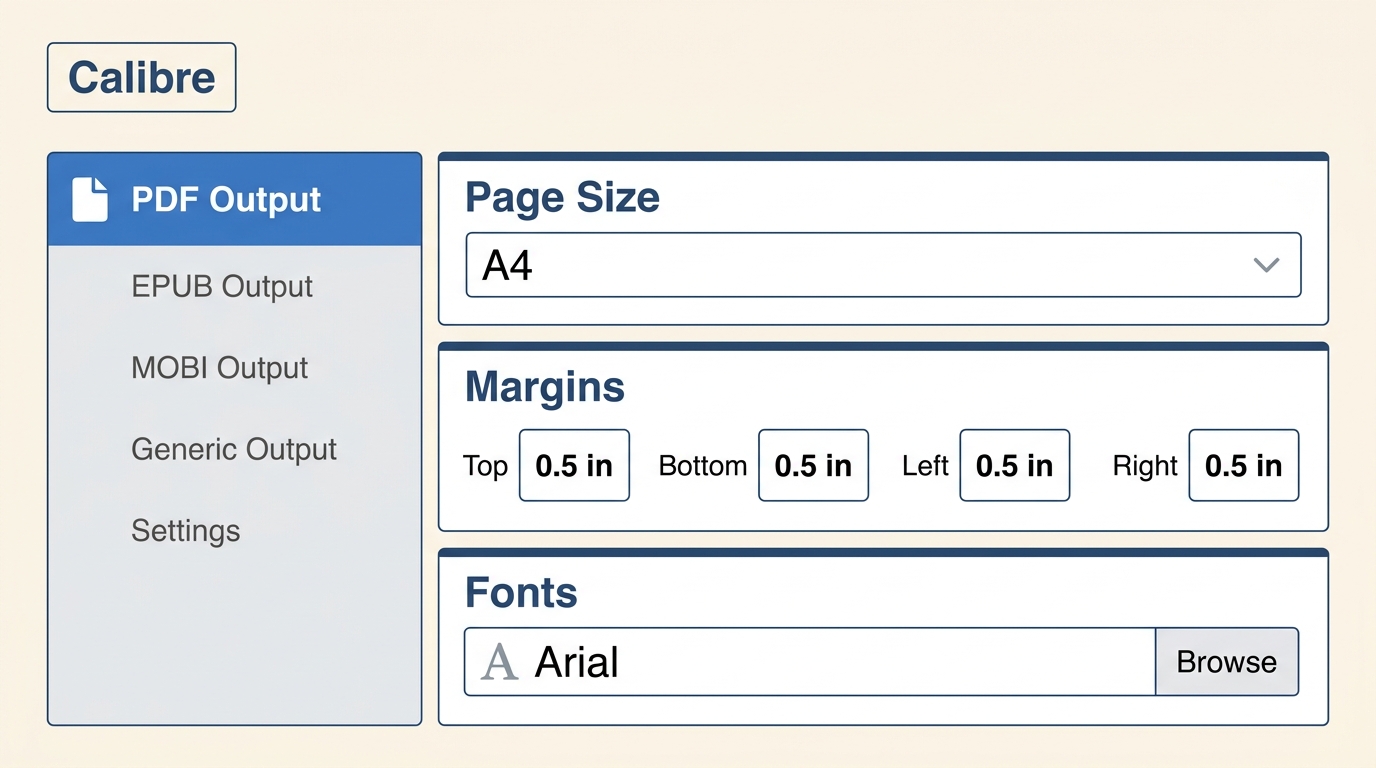 Calibre Convert Books dialog showing PDF Output tab with page size, margins, and font settings