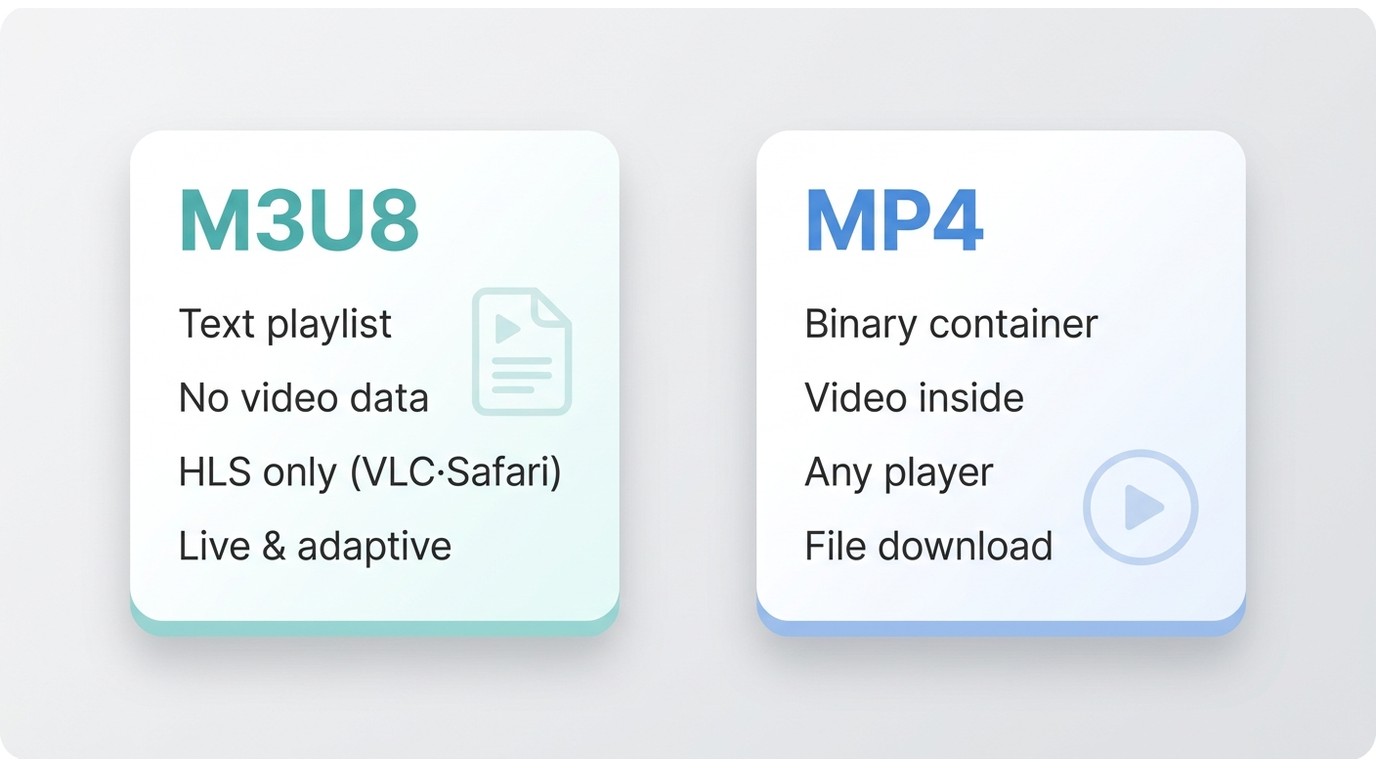 M3U8 vs MP4: M3U8 is a text playlist needing an HLS player; MP4 is a self-contained binary file any
