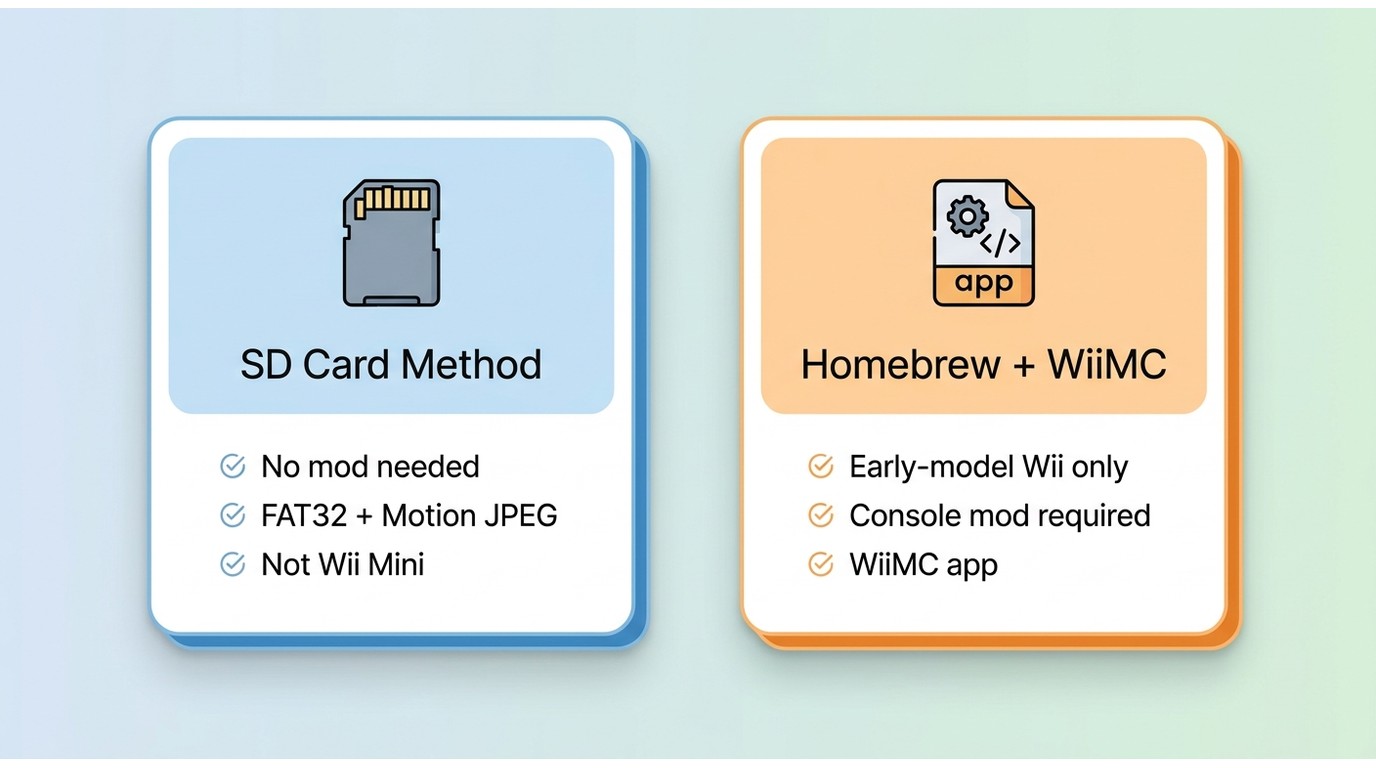 Comparison of SD card method vs Homebrew WiiMC for Wii DVD playback, showing hardware requirements a